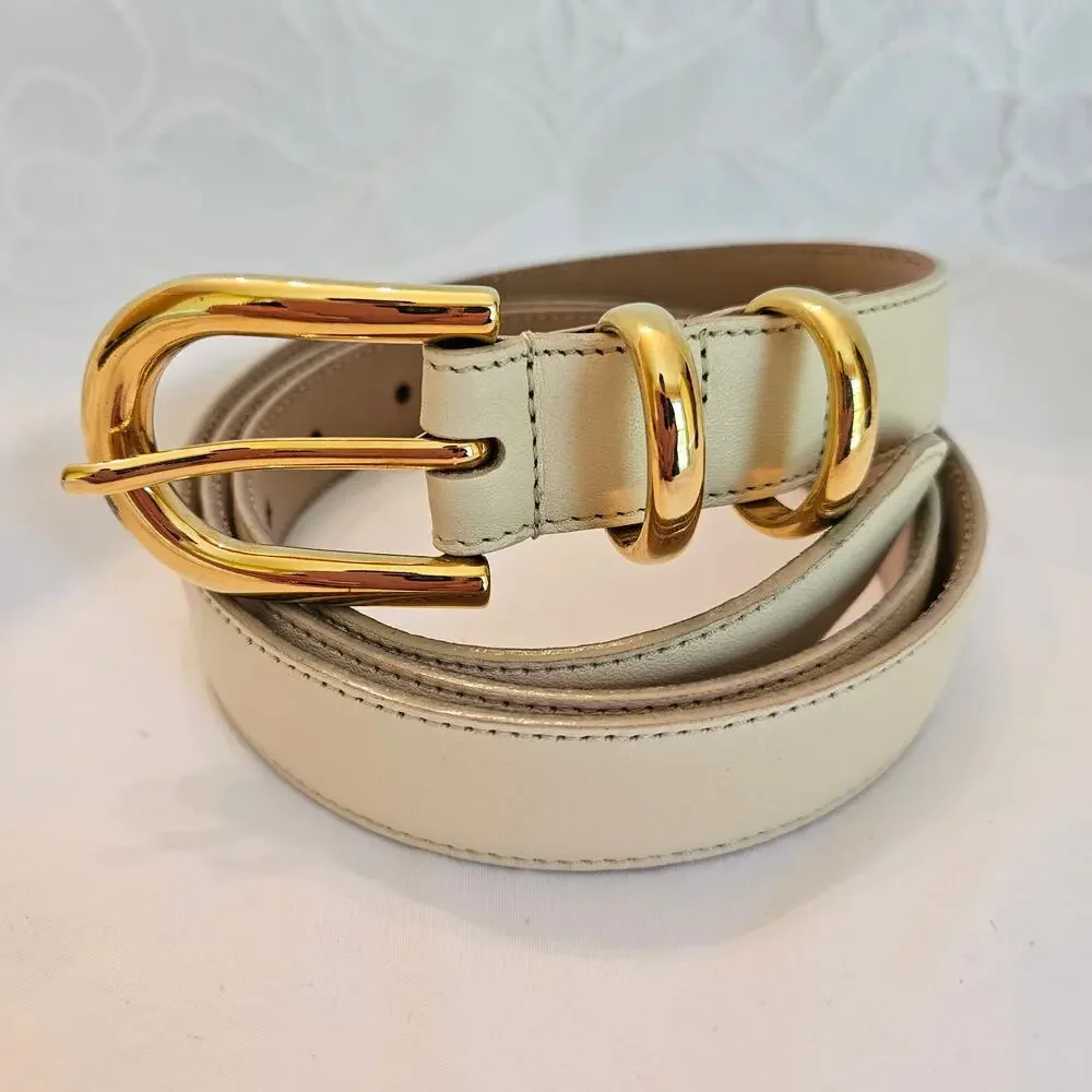 Talbots XXL Cream Leather Belt Made Italy Gold Buckle Vintage Style 6100